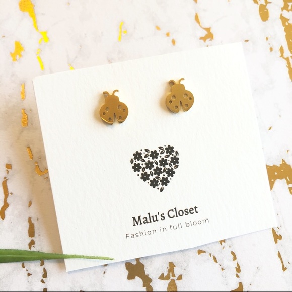 Minimalist Stainless Steel Cute Gold Studs Earrings Natural Ladybug Earrings - Picture 2 of 5